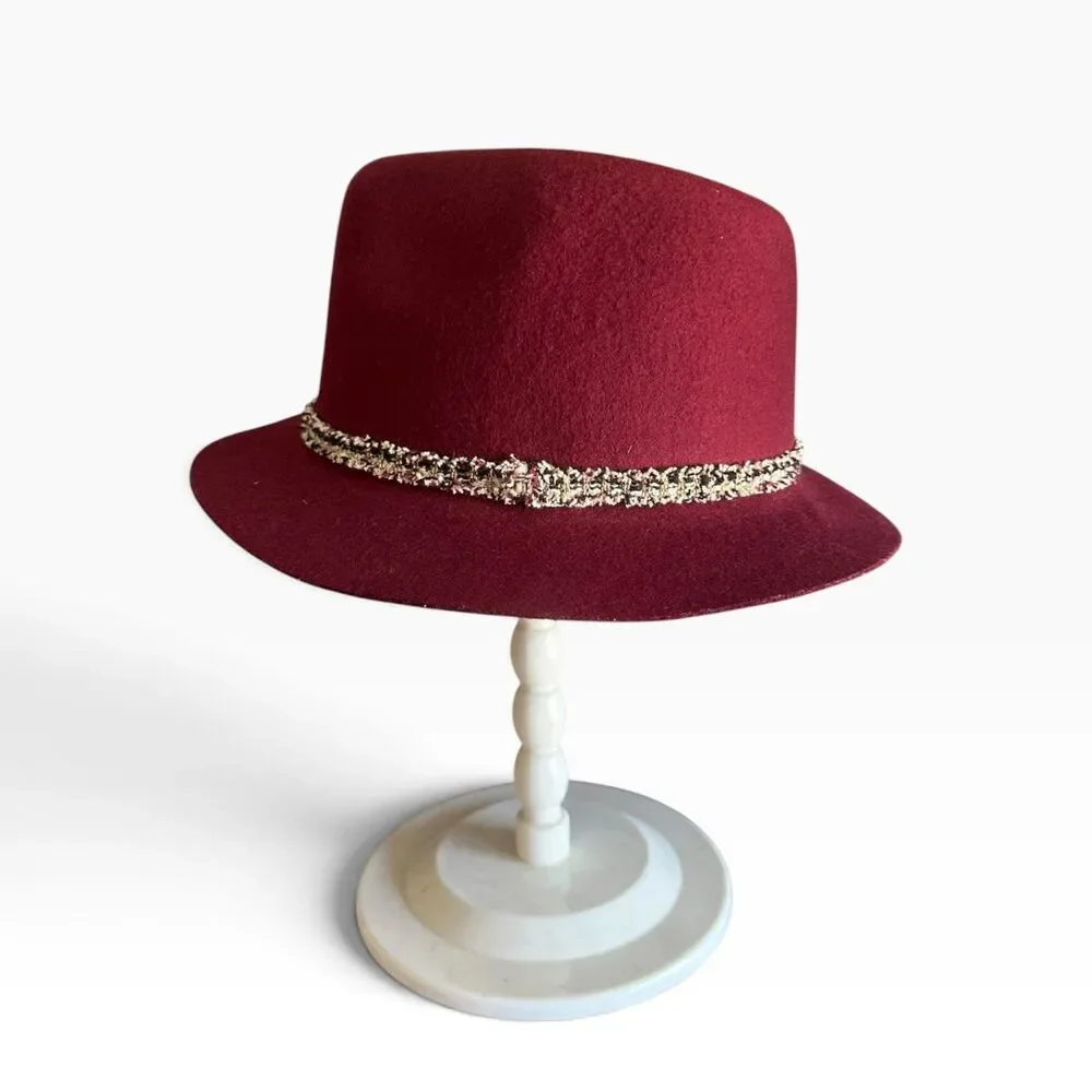 Burgundy Wool Fedora Hat Women's Tweed Band Hipster Autumn Western Boho